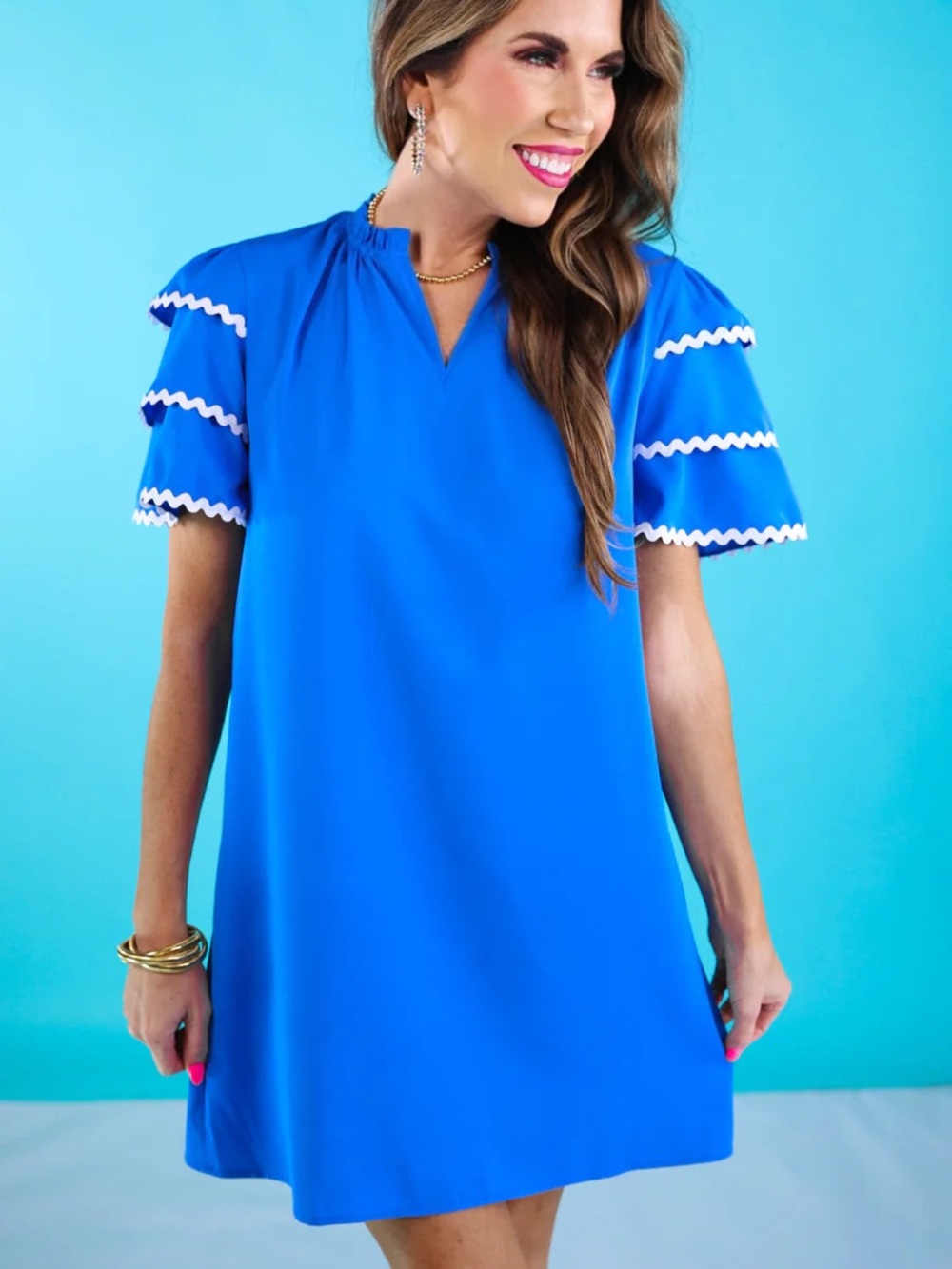 Bright Blue Short Sleeve Mini Dress with Ruffle RicRac Trim Size Large
